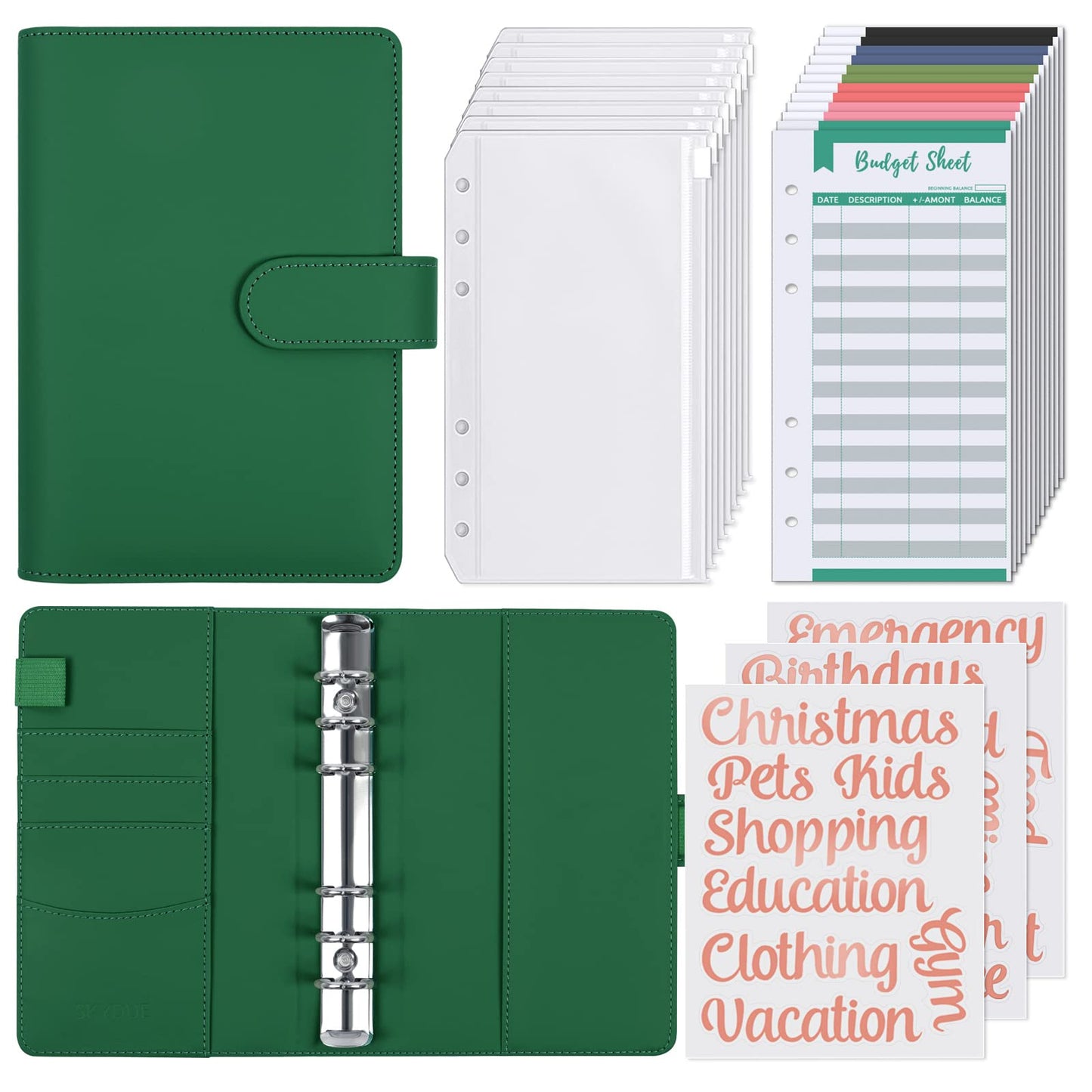 Aocii A6 Budget Binder with Zipper Envelopes, Cash Envelopes for Budgeting,  Budget Sheets, Sticker, Labels, Ruler, Binder Divider, Money Saving Binder