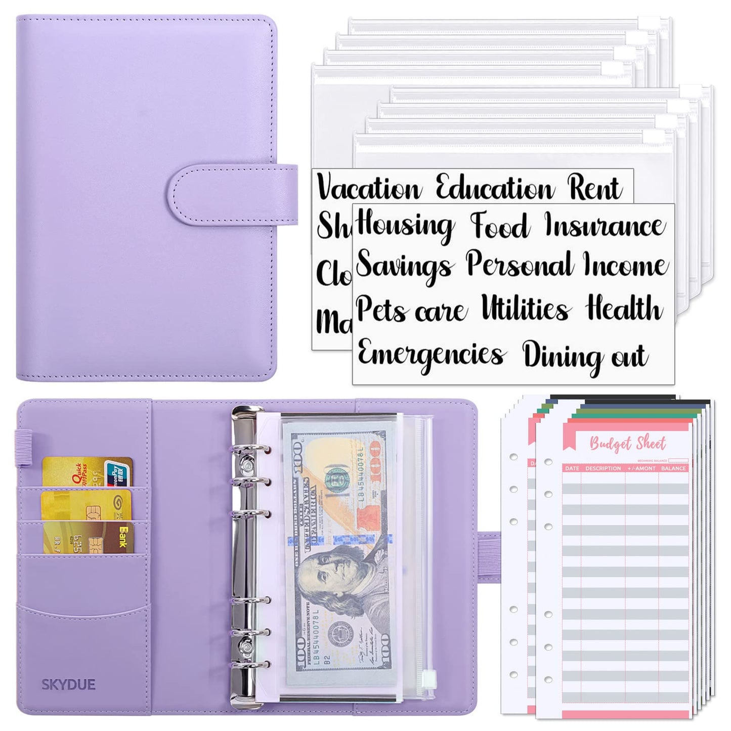 SKYDUE Budget Binder with Zipper Envelopes & Expense Budget Sheets,Mon